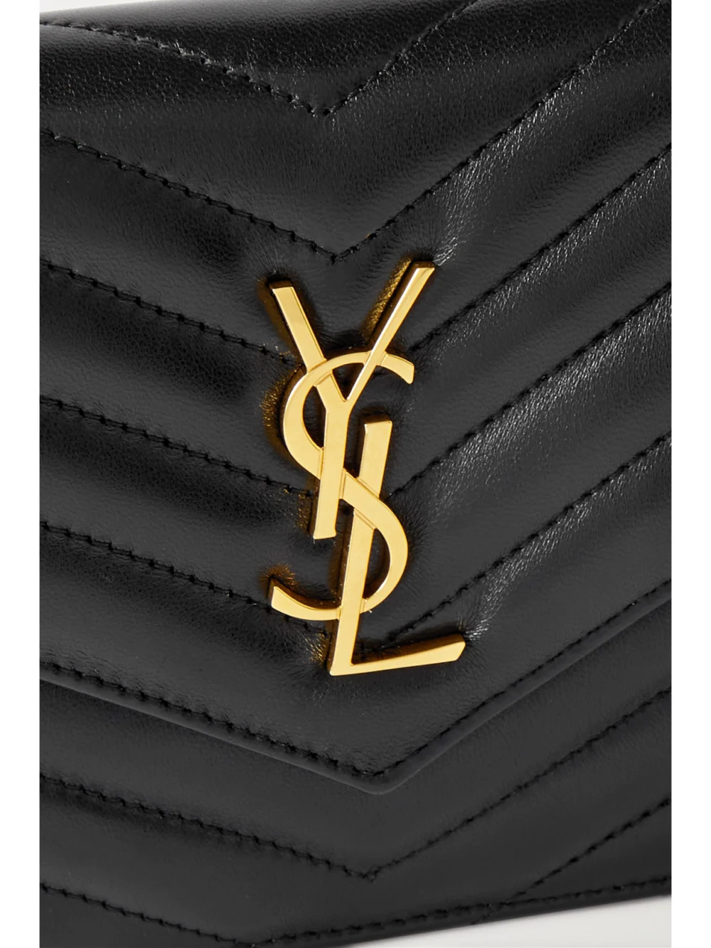 Close-up detail of the Saint Laurent Cassandre Mini Matelassé Leather Chain Wallet