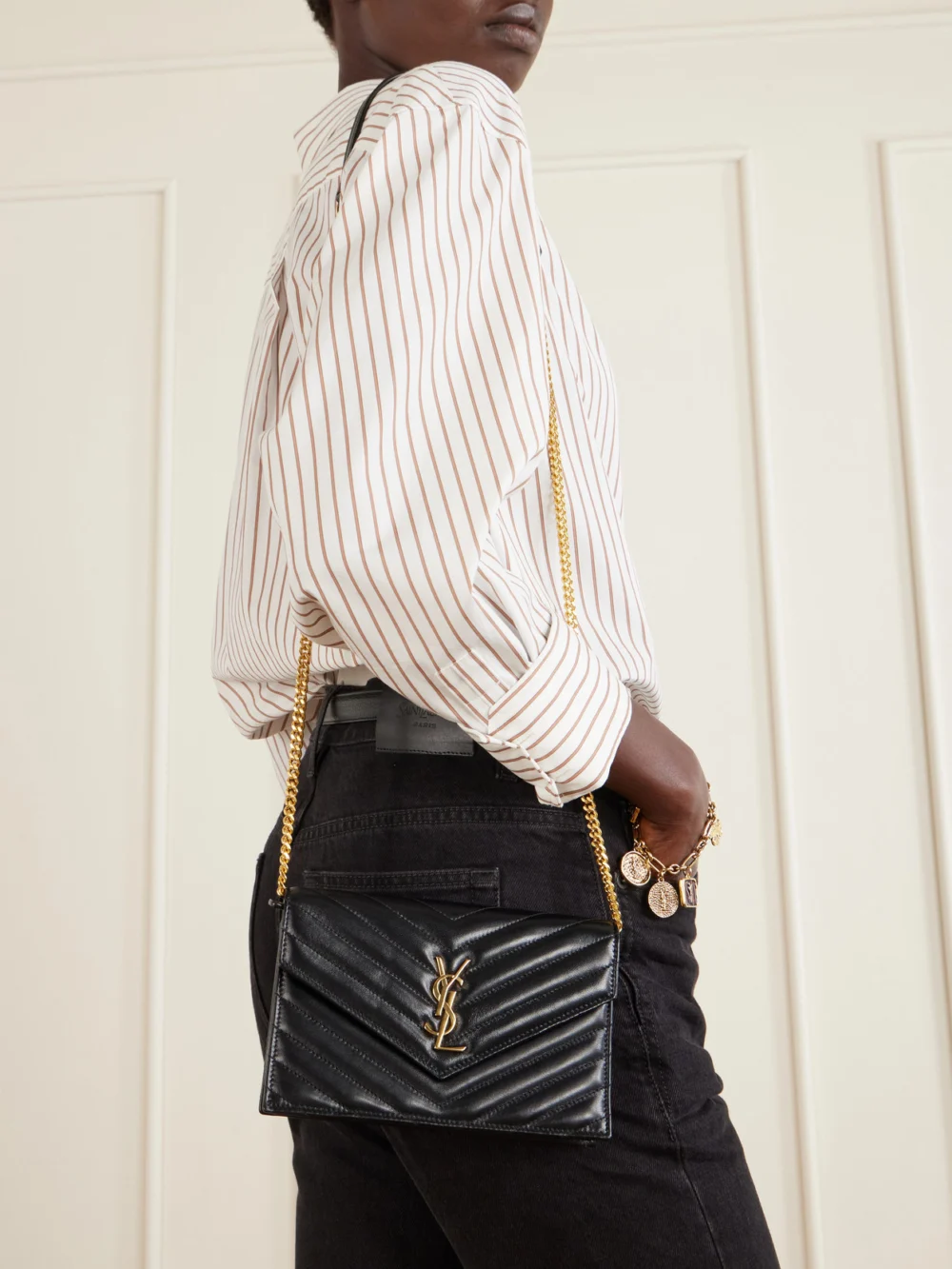 Saint Laurent Cassandre Mini Matelassé Leather Chain Wallet, styled view