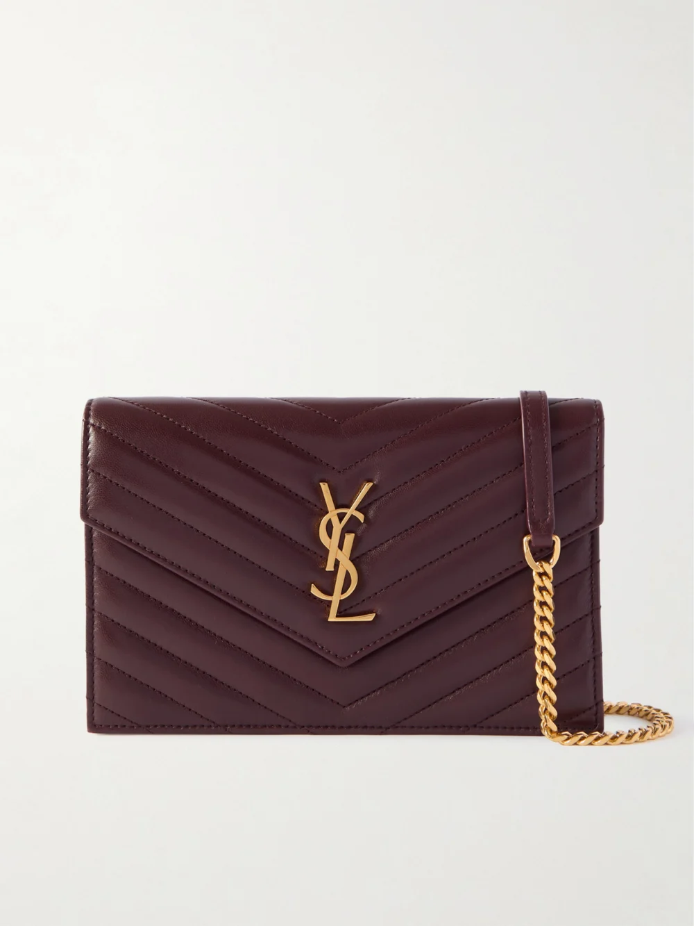 Saint Laurent Cassandre Mini Matelassé Leather Chain Wallet in burgundy