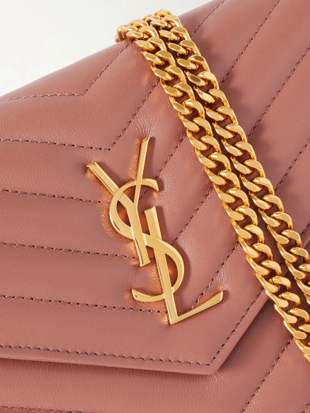 Close-up detail of the Saint Laurent Cassandre Mini Matelassé Leather Chain Wallet