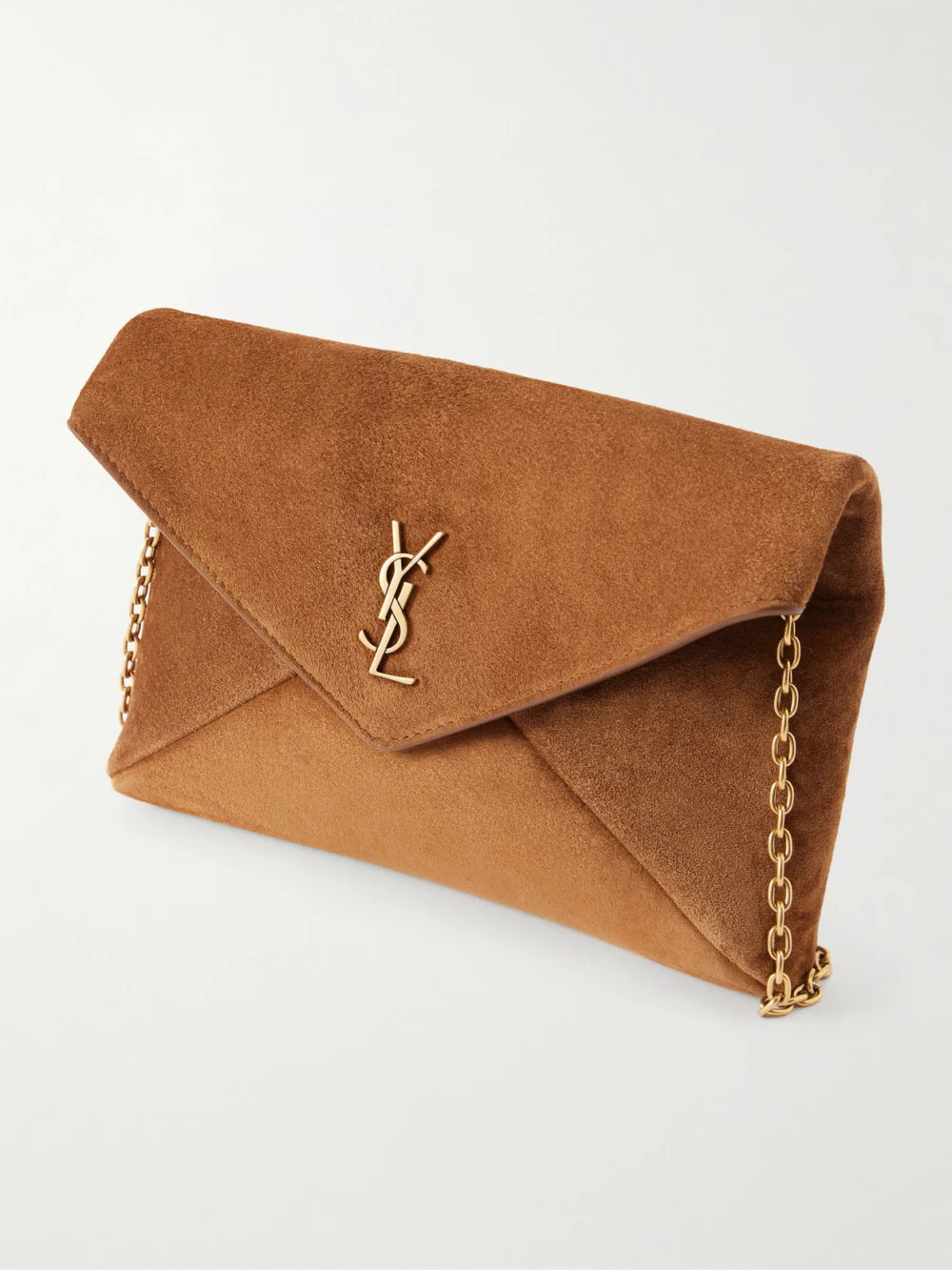 Close-up detail of the Saint Laurent Cassandre Suede Shoulder Bag