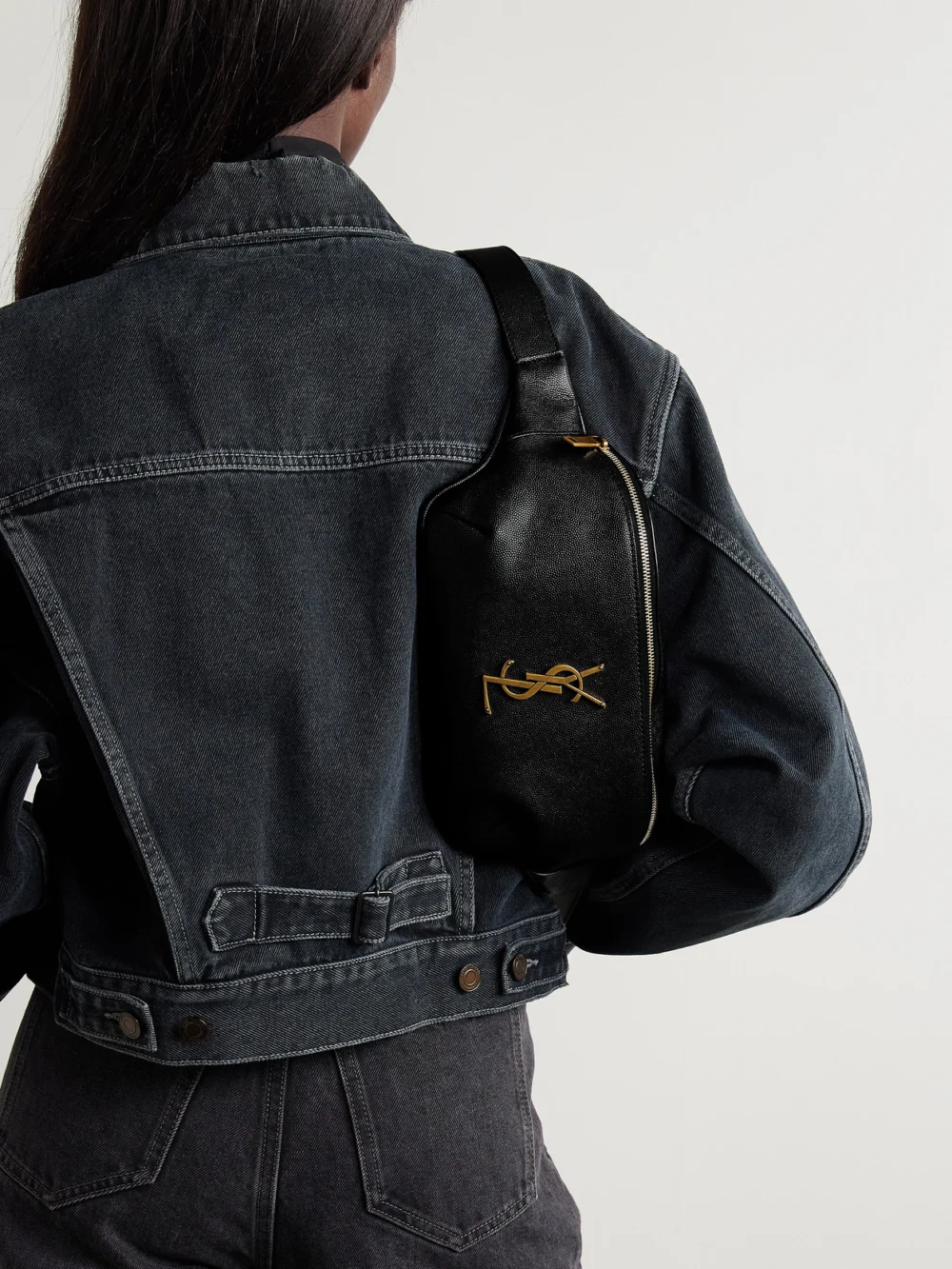 Saint Laurent Cassandre Textured-leather Belt Bag, styled view
