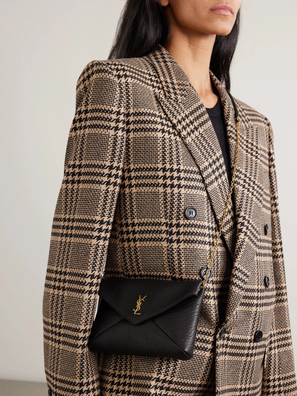 Saint Laurent Cassandre Textured-leather Shoulder Bag, styled view