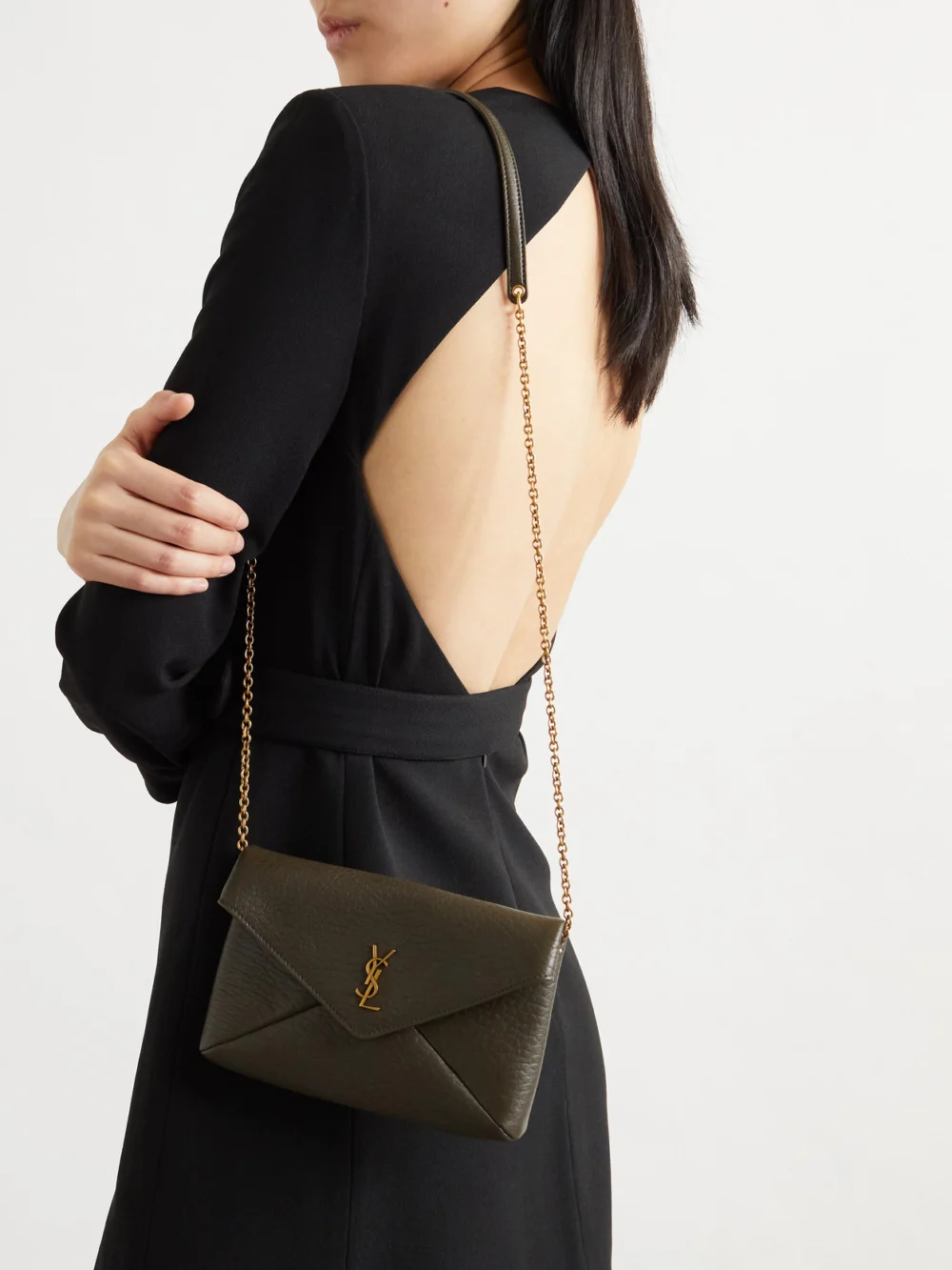 Saint Laurent Cassandre Textured-leather Shoulder Bag, styled view