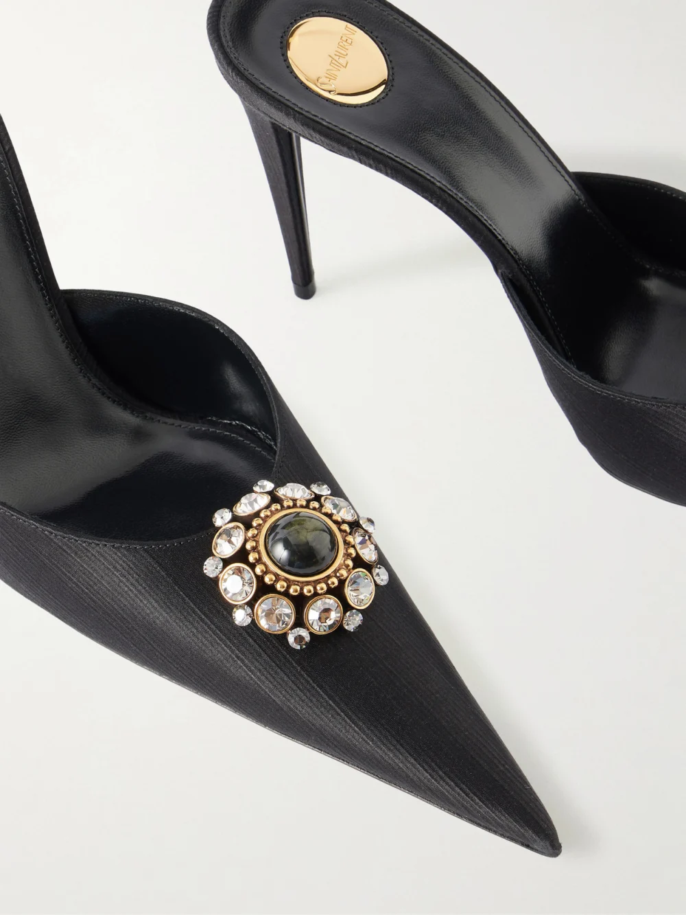 Close-up detail of the Saint Laurent Cosmo 95 Crystal-embellished Faille Mules