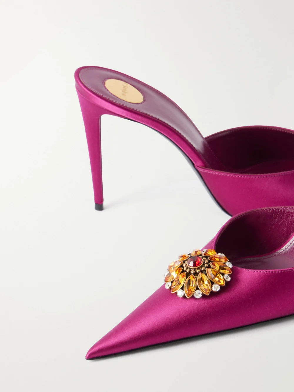 Close-up detail of the Saint Laurent Cosmo 95 Embellished Satin- Mules
