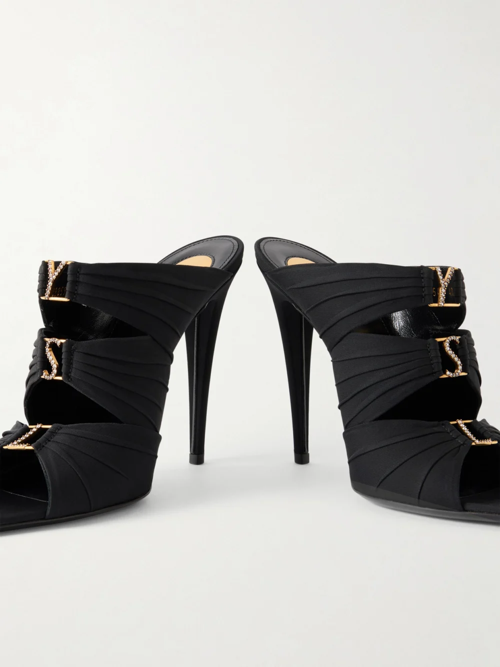 Close-up detail of the Saint Laurent Emilie 110 Crystal-embellished Gathered Satin Sandals