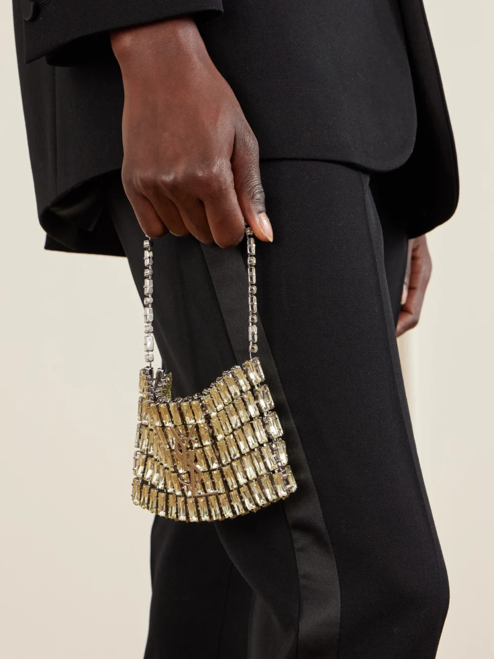 Saint Laurent Evening Micro Crystal-embellished Chainmail Shoulder Bag, styled view