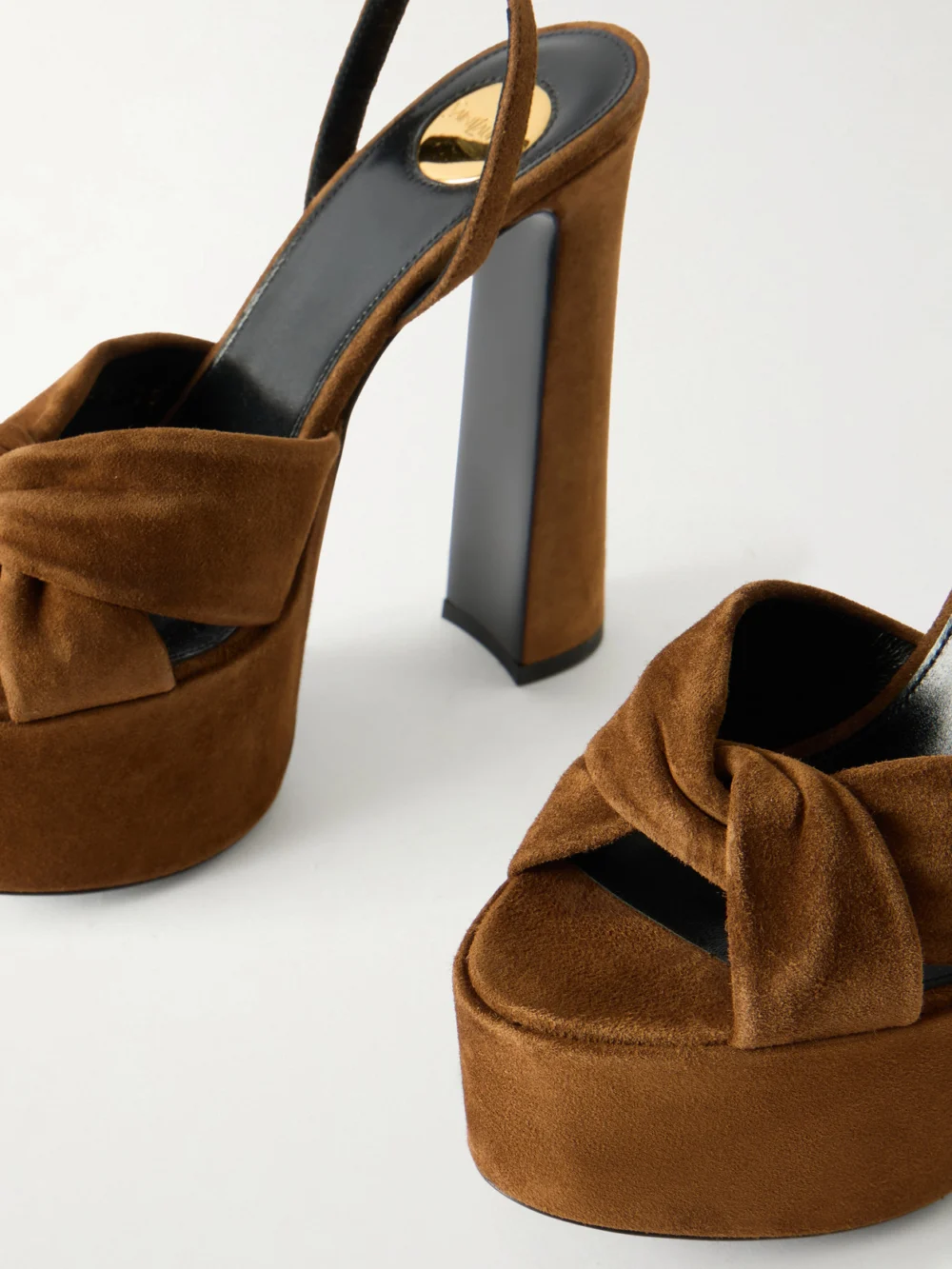 Close-up detail of the Saint Laurent Franciane Suede Platform Sandals