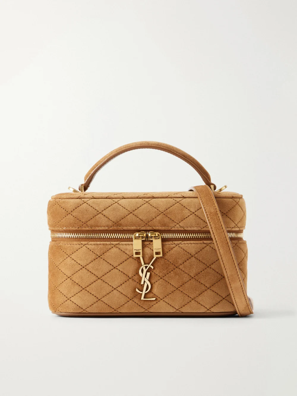 Saint Laurent Gaby Cassandre-embellished Matelassé Suede Shoulder Bag in brown
