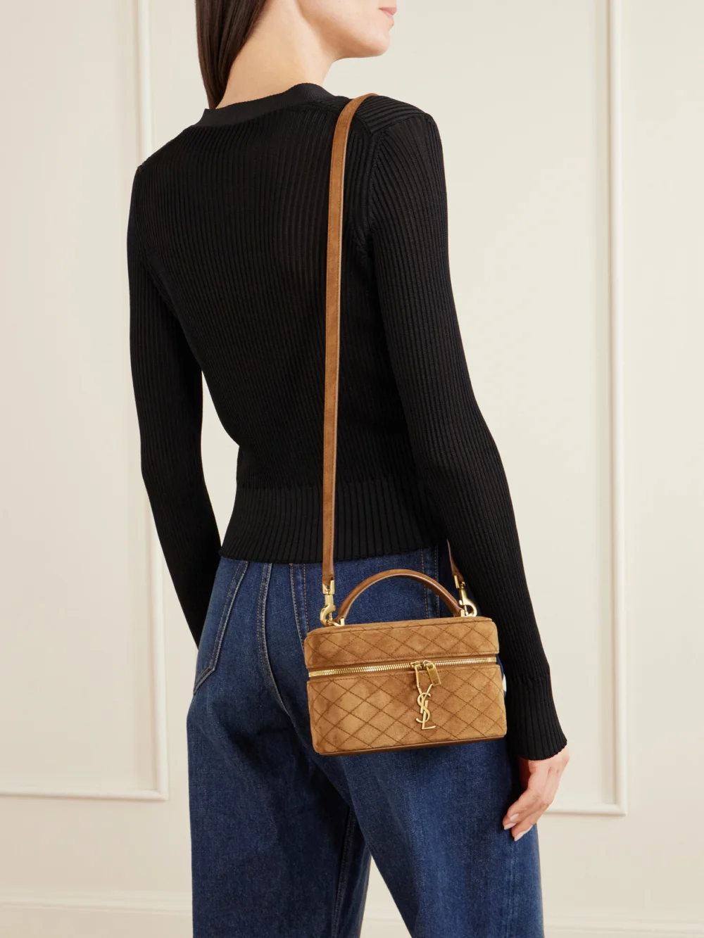 Saint Laurent Gaby Cassandre-embellished Matelassé Suede Shoulder Bag, styled view