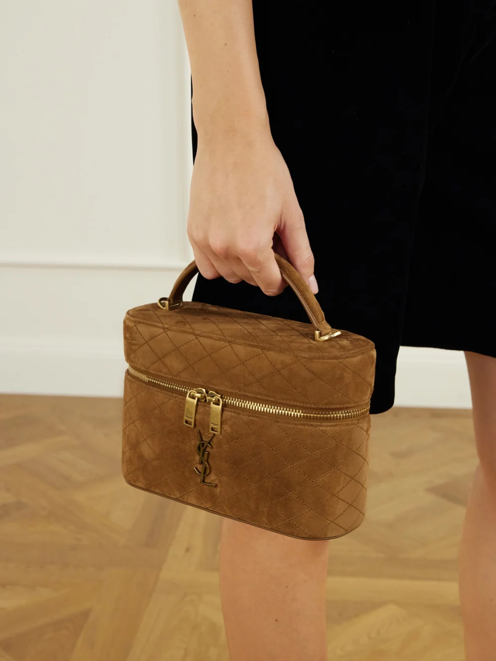 Saint Laurent Gaby Cassandre-embellished Quilted Suede Mini Bag, styled view