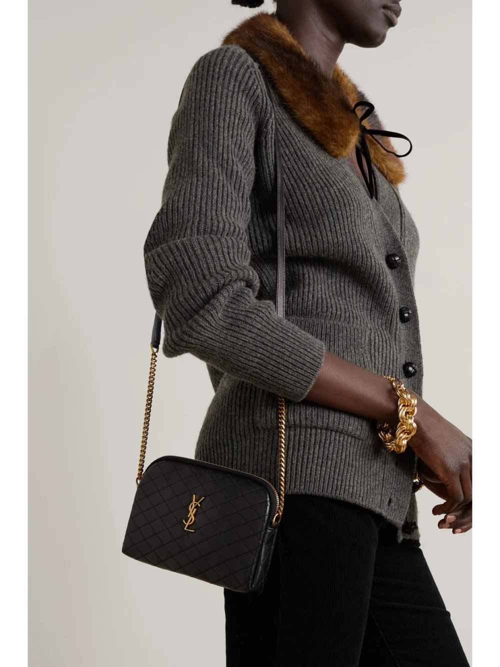 Saint Laurent Gaby Medium Quilted Leather Shoulder Bag, styled view
