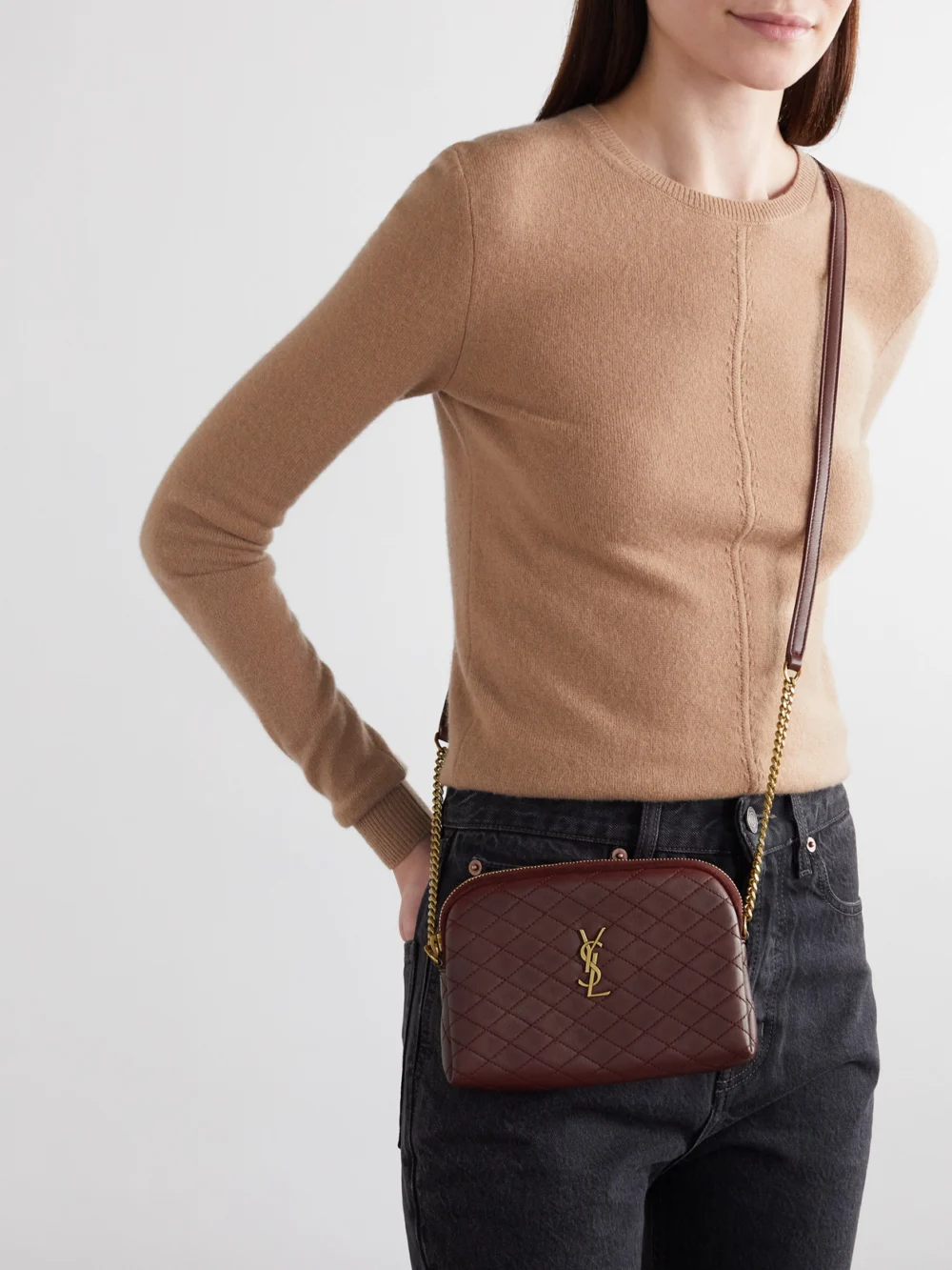Saint Laurent Gaby Medium Quilted Leather Shoulder Bag, styled view