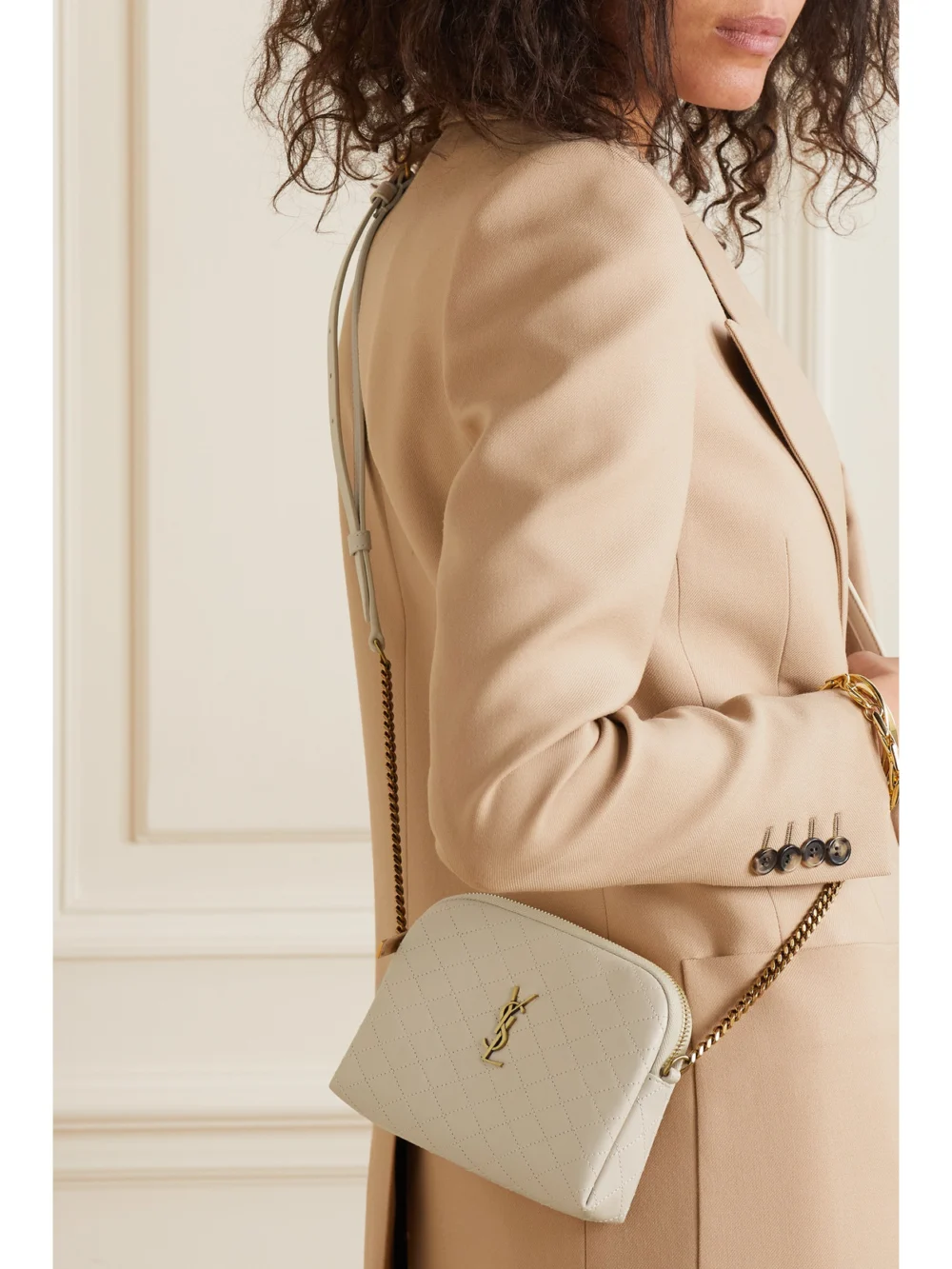 Saint Laurent Gaby Medium Quilted Leather Shoulder Bag, styled view