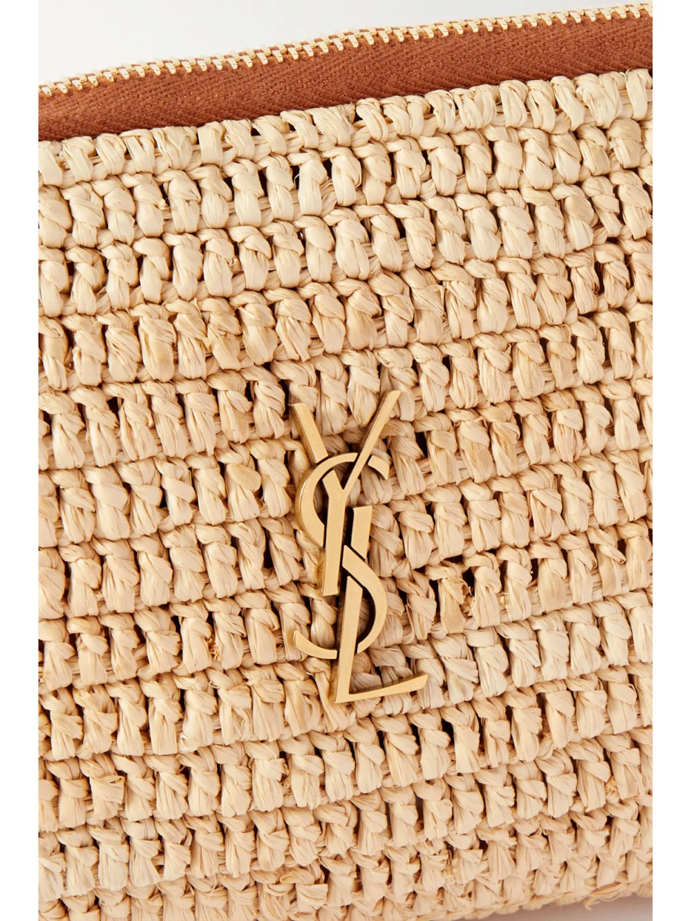 Close-up detail of the Saint Laurent Gaby Mini Leather-trimmed Raffia Shoulder Bag