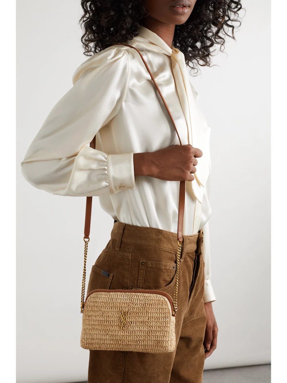 Saint Laurent Gaby Mini Leather-trimmed Raffia Shoulder Bag, styled view