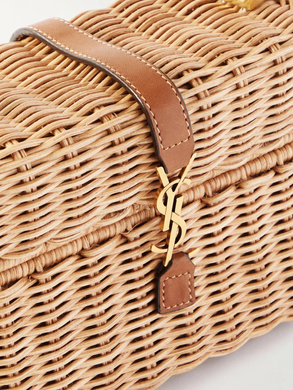 Close-up detail of the Saint Laurent Gaby Vanity Leather-trimmed Woven Wicker Top-handle Bag