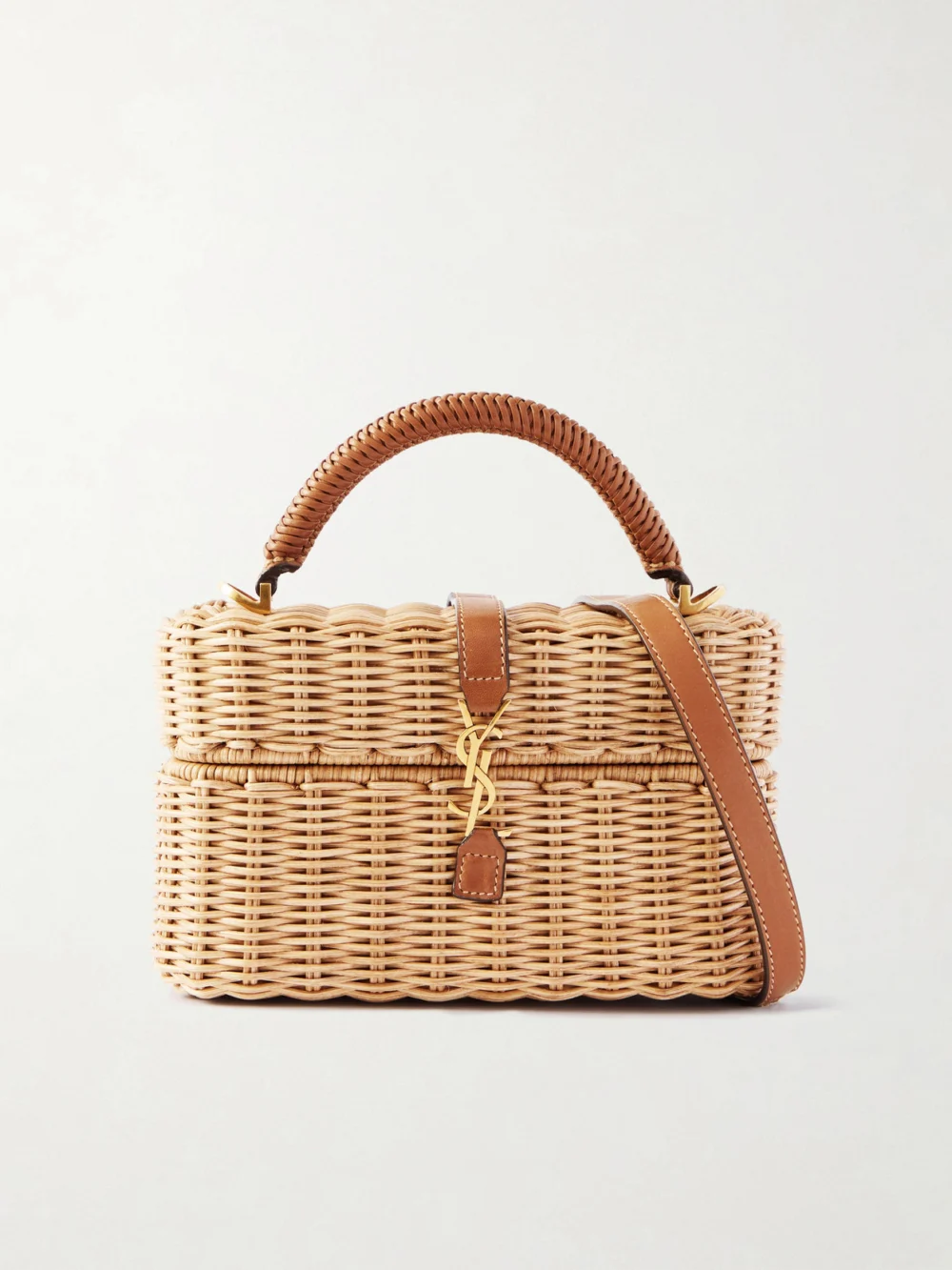 Saint Laurent Gaby Vanity Leather-trimmed Woven Wicker Top-handle Bag in neutral