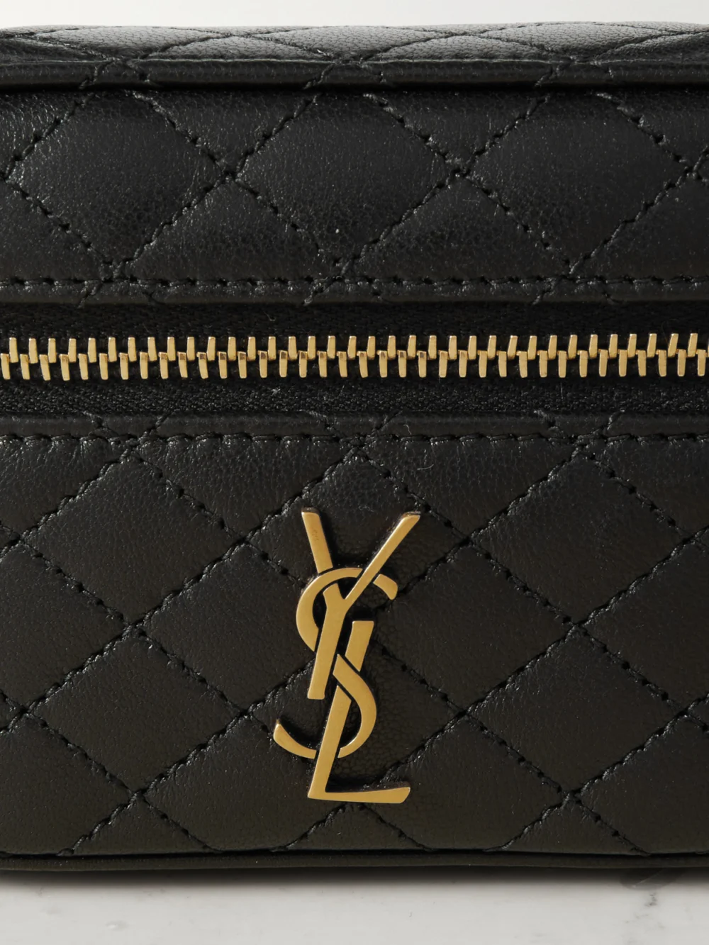 Close-up detail of the Saint Laurent Gaby Vanity Micro Quilted Leather Shoulder Bag