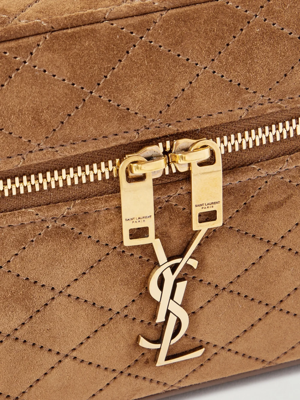 Close-up detail of the Saint Laurent Gaby Vanity Mini Quilted Suede Shoulder Bag