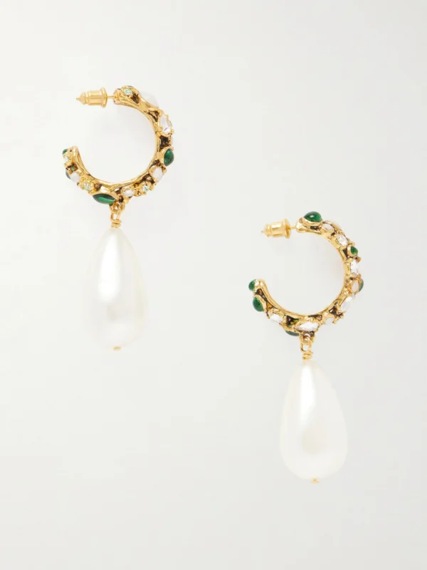 Saint Laurent Gold-tone, Crystal and Pearl Hoop Earrings