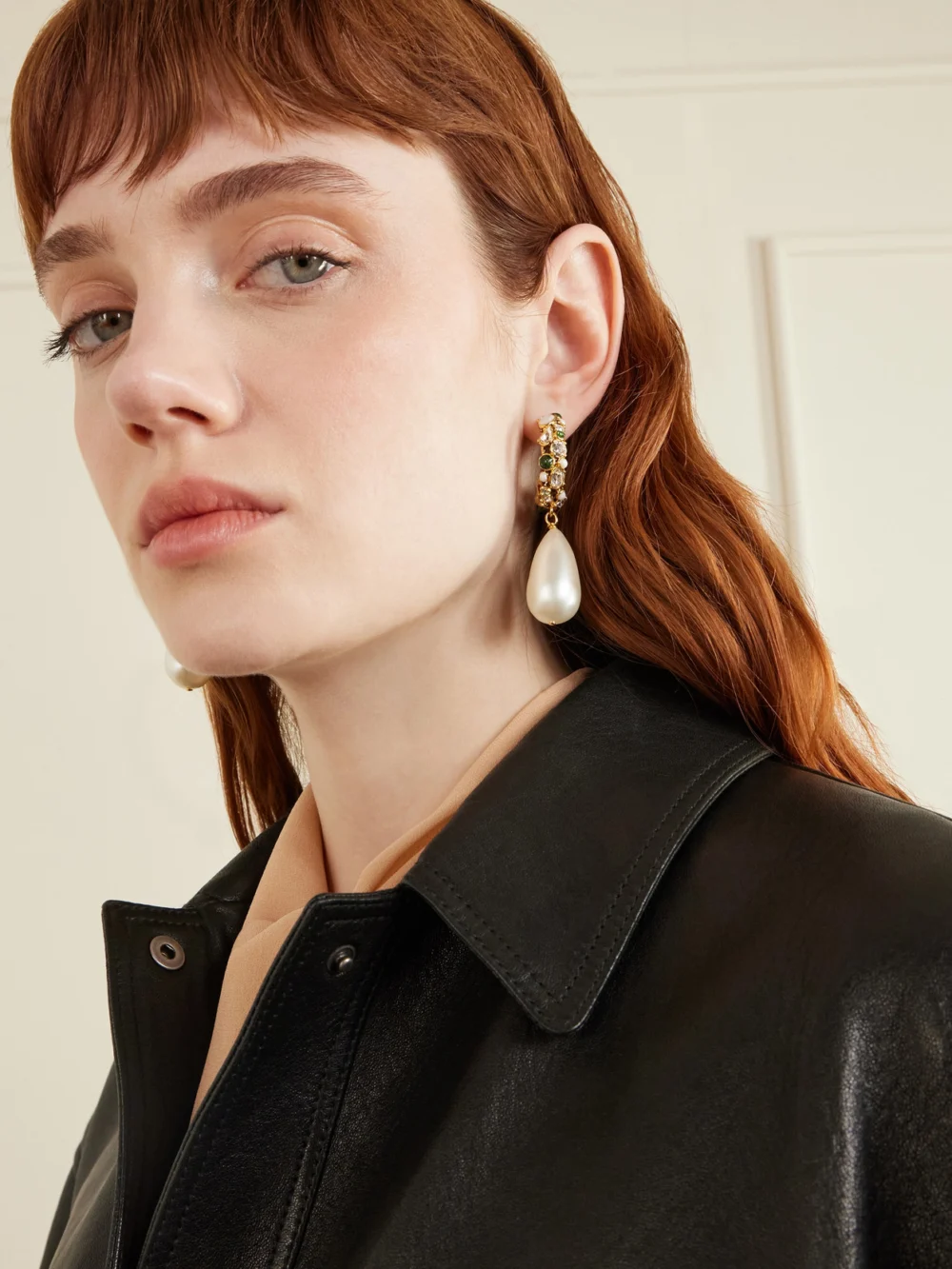 Saint Laurent Gold-tone, Crystal and Pearl Hoop Earrings, styled view