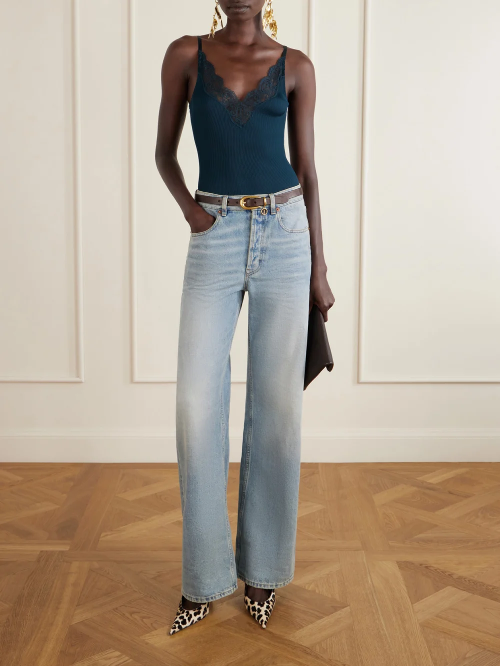 Saint Laurent Guermantes 110 Pony Hair Slingback Pumps, styled view