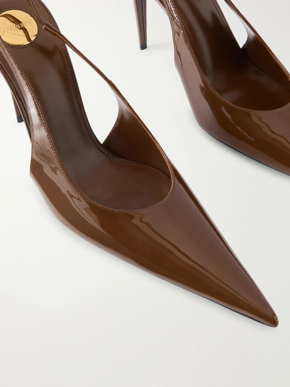 Close-up detail of the Saint Laurent Guermantes Leather Slingback Pumps