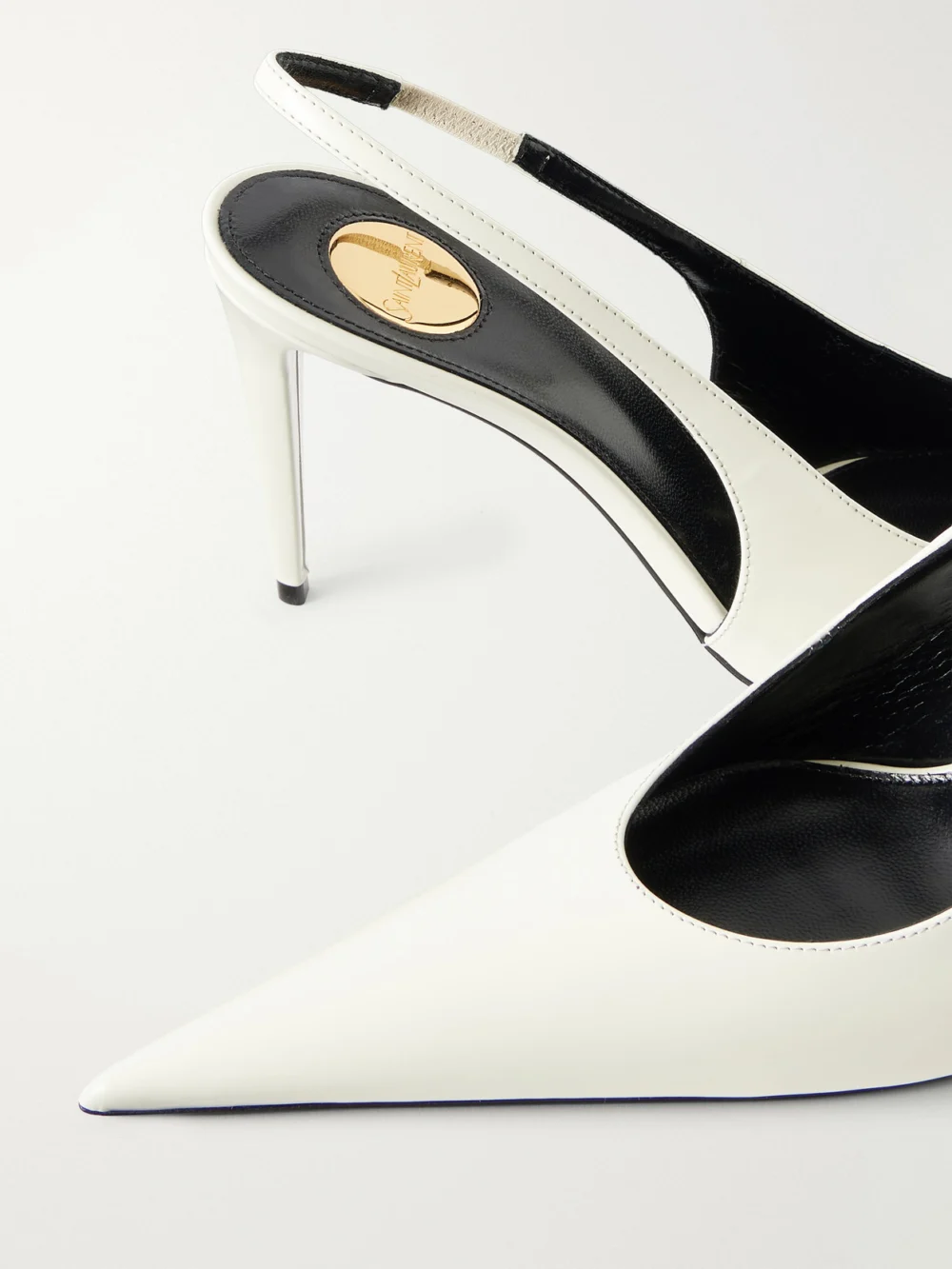 Close-up detail of the Saint Laurent Guermantes Leather Slingback Pumps