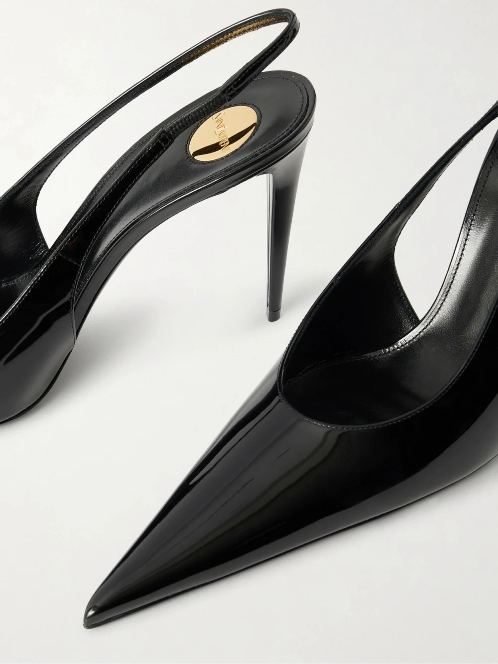 Close-up detail of the Saint Laurent Guermantes Patent-leather Slingback Pumps