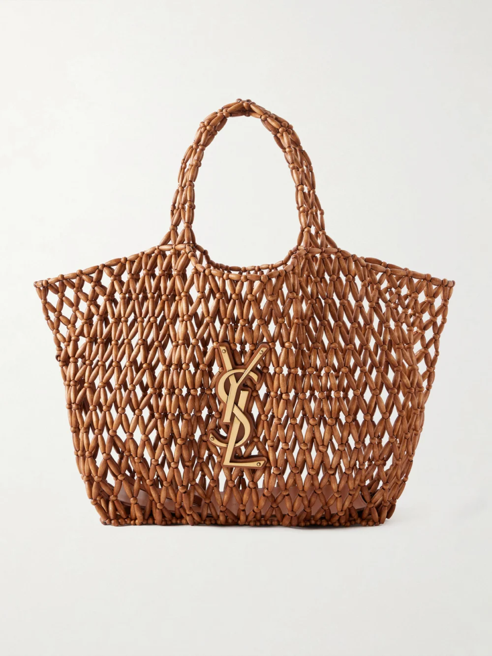 Saint Laurent Icare Beaded Wood Tote in brown
