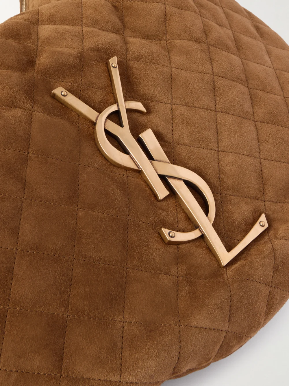 Close-up detail of the Saint Laurent Icare Matelassé Suede Shoulder Bag