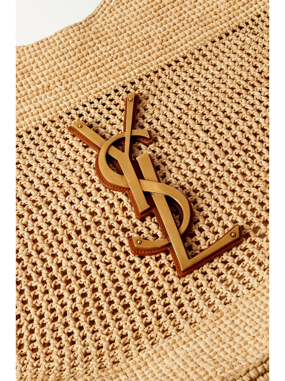 Close-up detail of the Saint Laurent Icare Maxi Leather-trimmed Raffia Tote