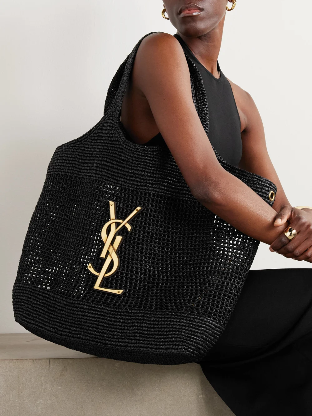 Saint Laurent Icare Maxi Leather-trimmed Raffia Tote, styled view