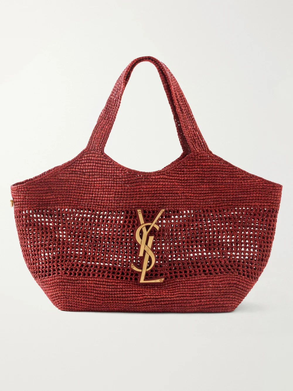 Saint Laurent Icare Maxi Leather-trimmed Raffia Tote in brick