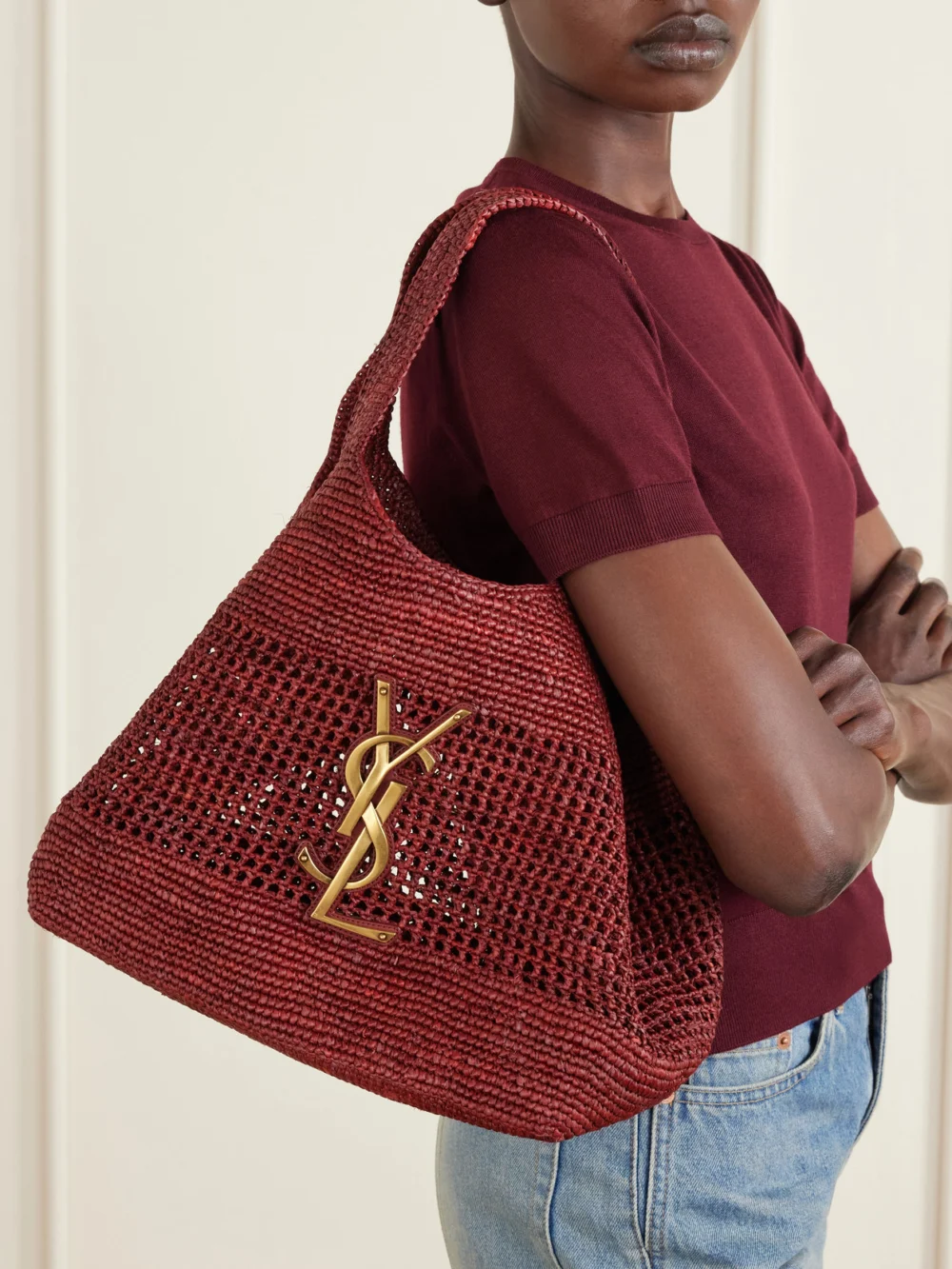 Saint Laurent Icare Maxi Leather-trimmed Raffia Tote, styled view