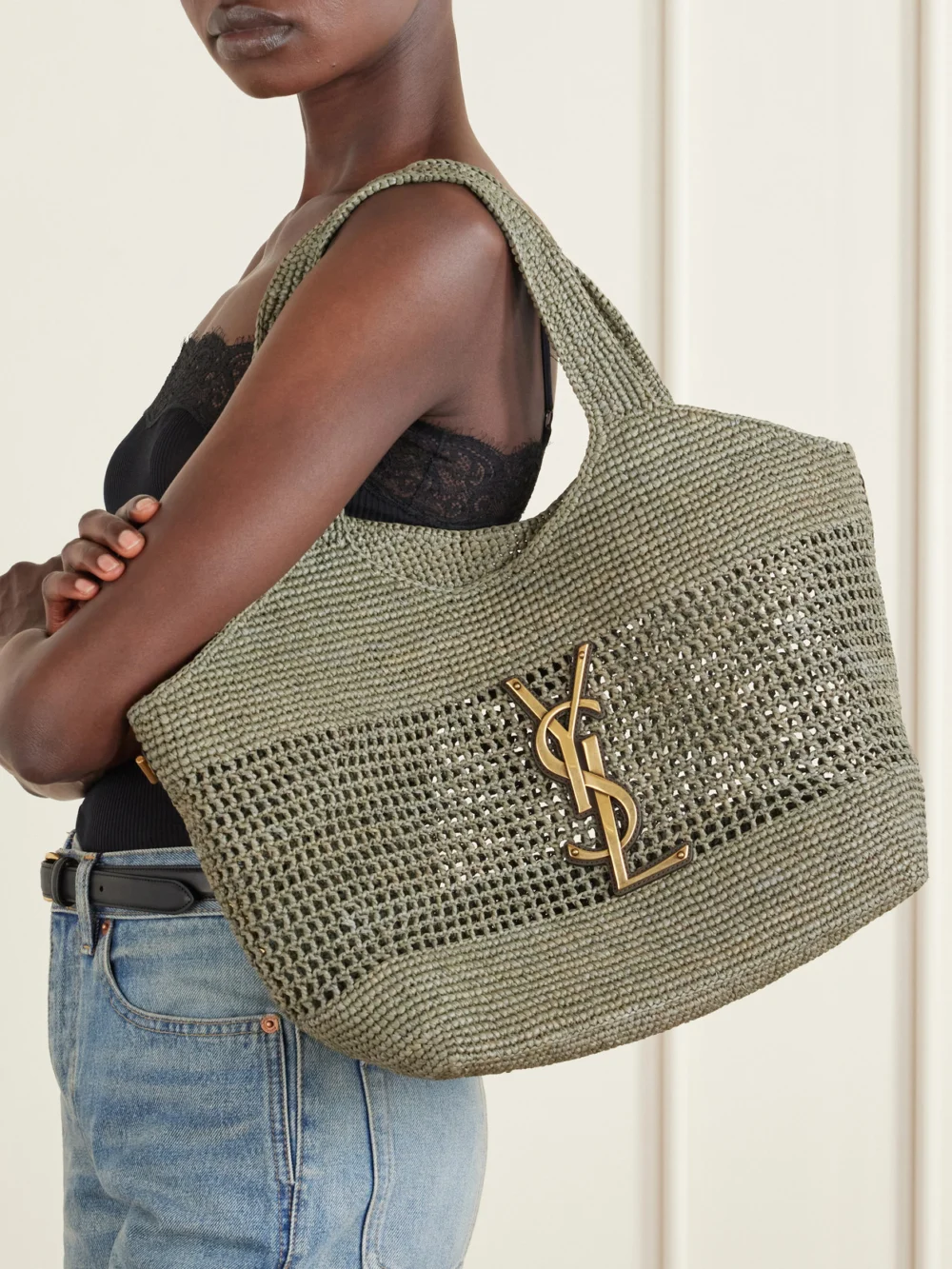 Saint Laurent Icare Maxi Leather-trimmed Raffia Tote, styled view