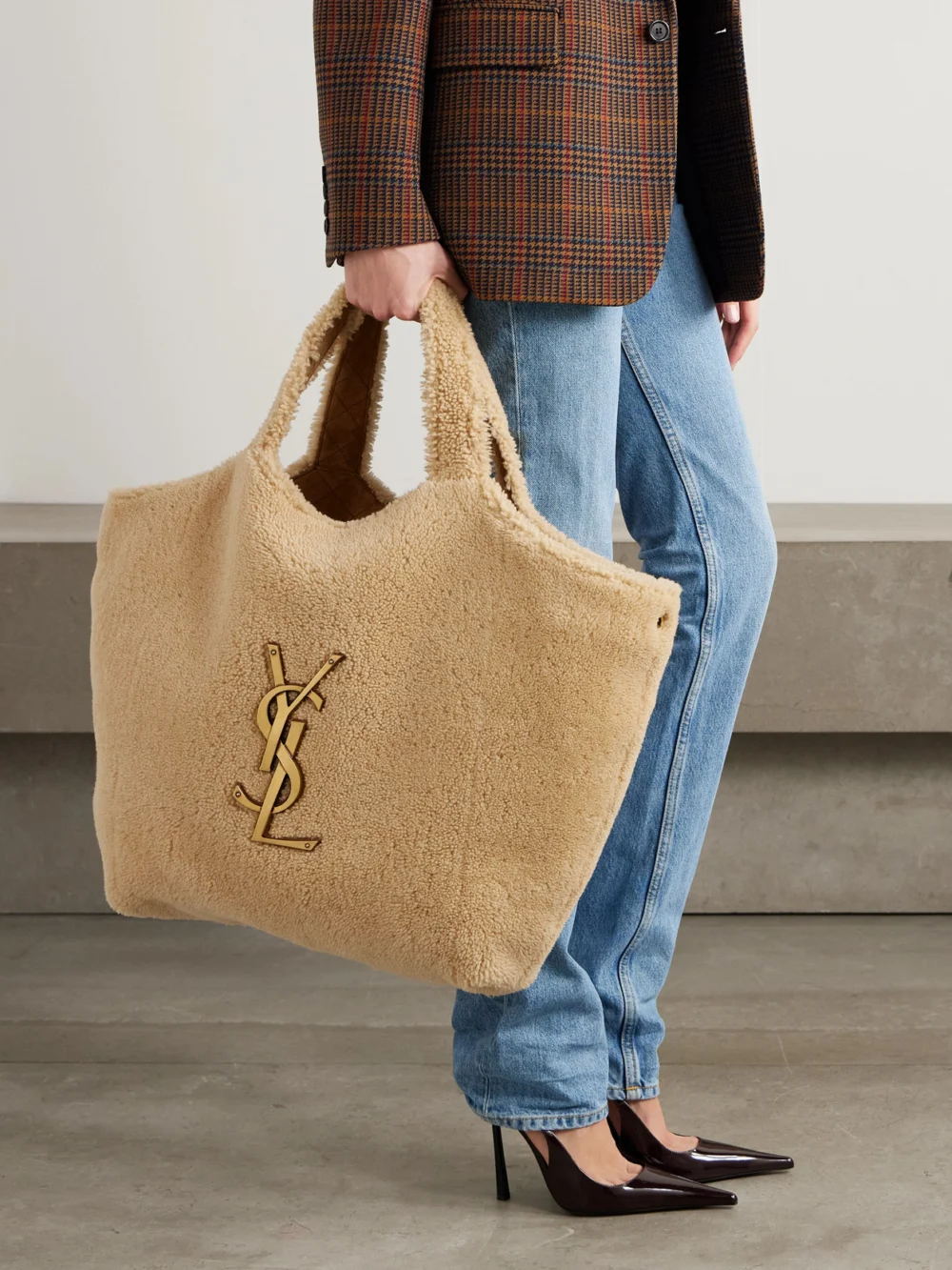 Saint Laurent Icare Maxi Shearling Tote, styled view