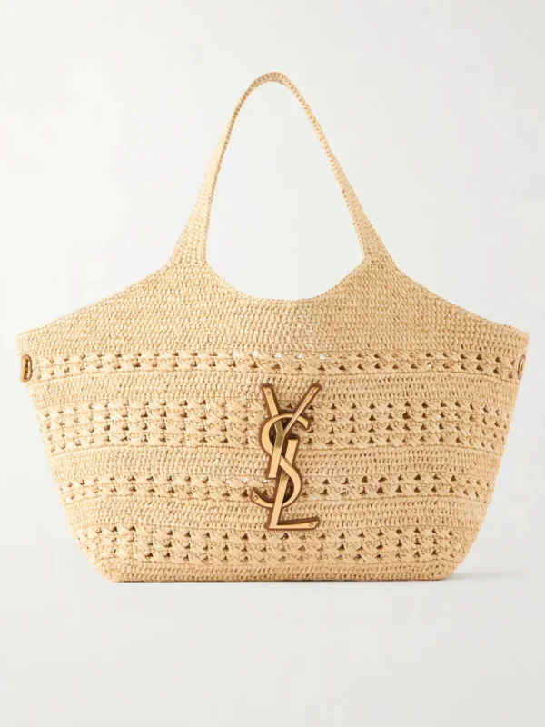 Saint Laurent Icare Medium Logo-appliquéd Raffia Tote