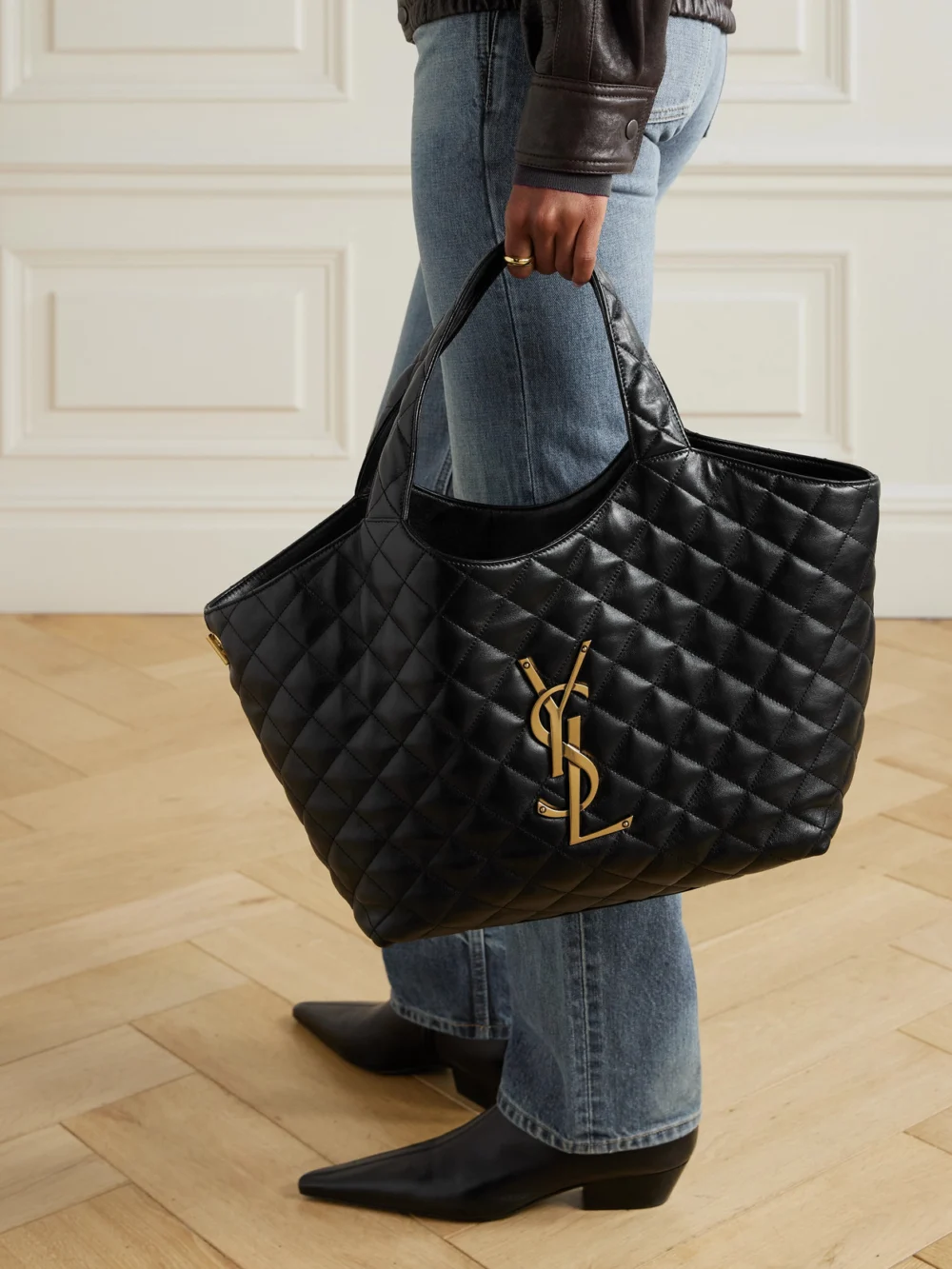 Saint Laurent Icare Medium Matelassé Leather Tote, styled view