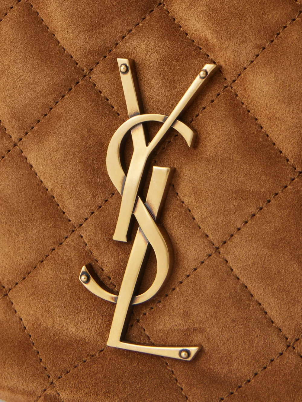 Close-up detail of the Saint Laurent Icarino Matelassé Suede Shoulder Bag