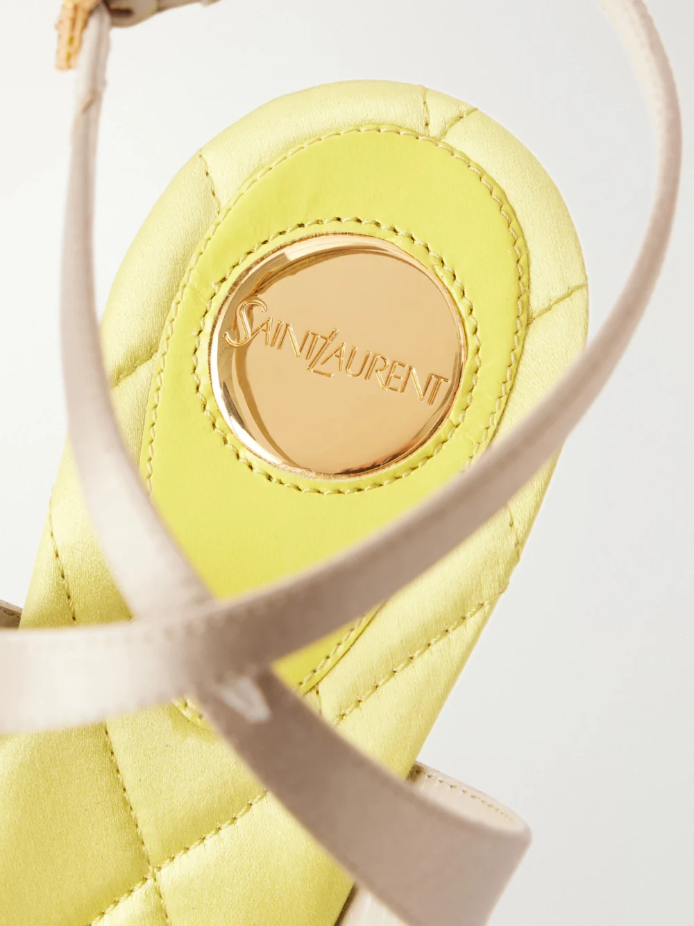 Close-up detail of the Saint Laurent Ivresse 110 Embellished Satin Sandals