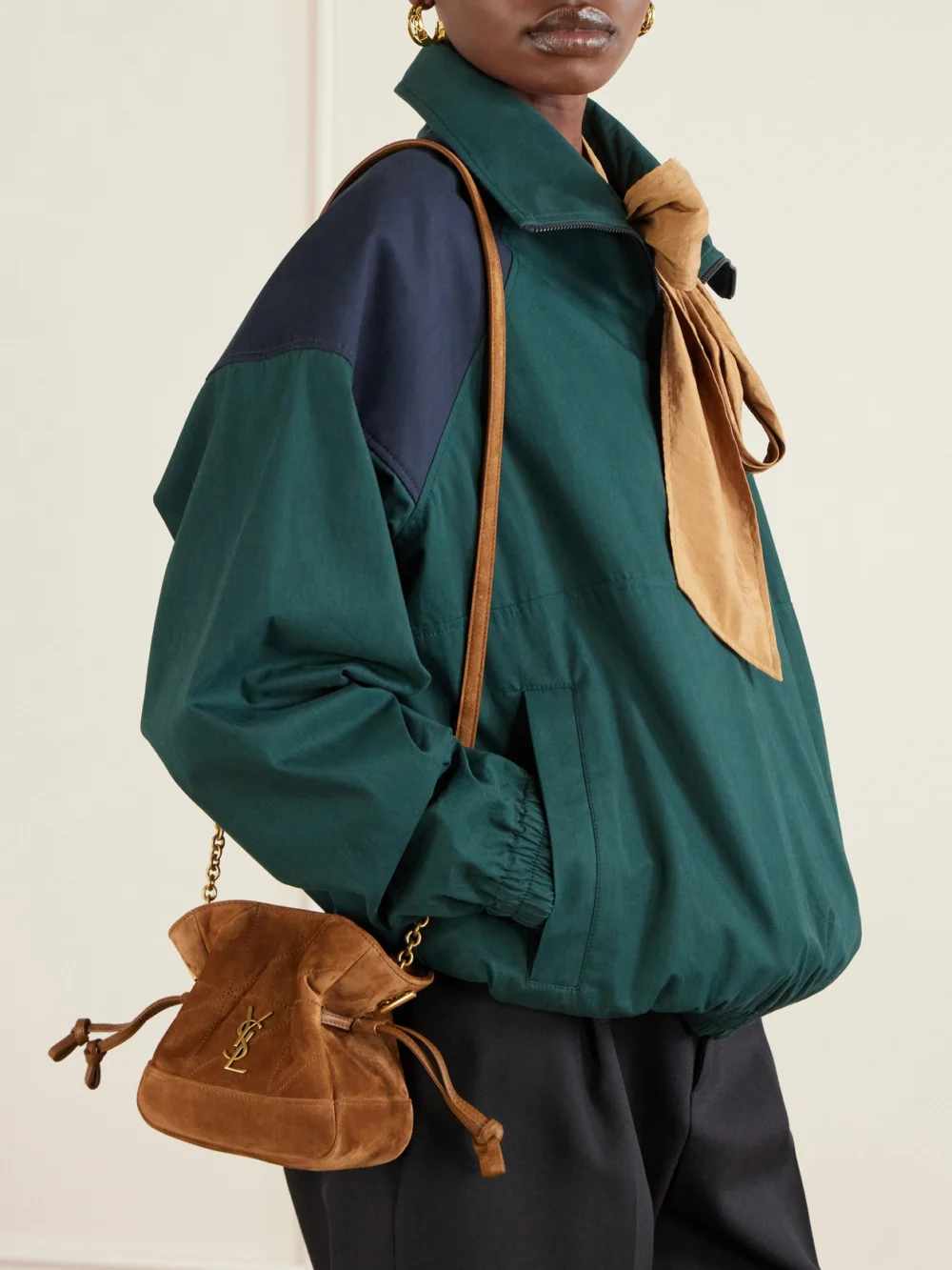 Saint Laurent Jamie Mini Suede Shoulder Bag, styled view