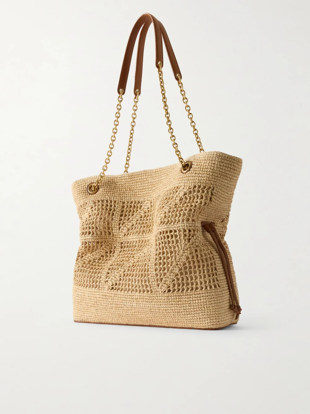 Back view of the Saint Laurent Jamie Shopping Leather-trimmed Raffia Shoulder Bag