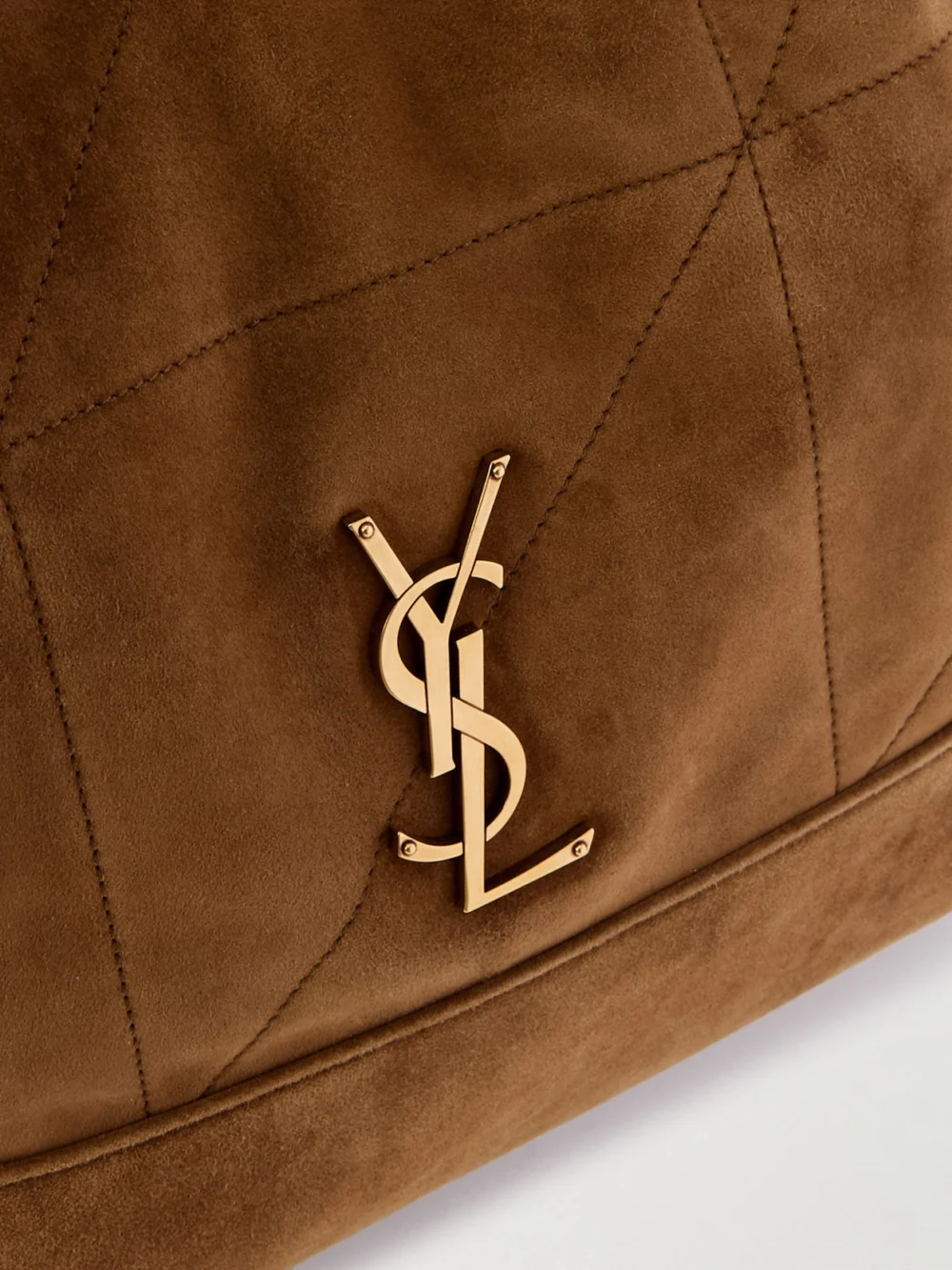 Close-up detail of the Saint Laurent Jamie Shopping Quilted Suede Shoulder Bag