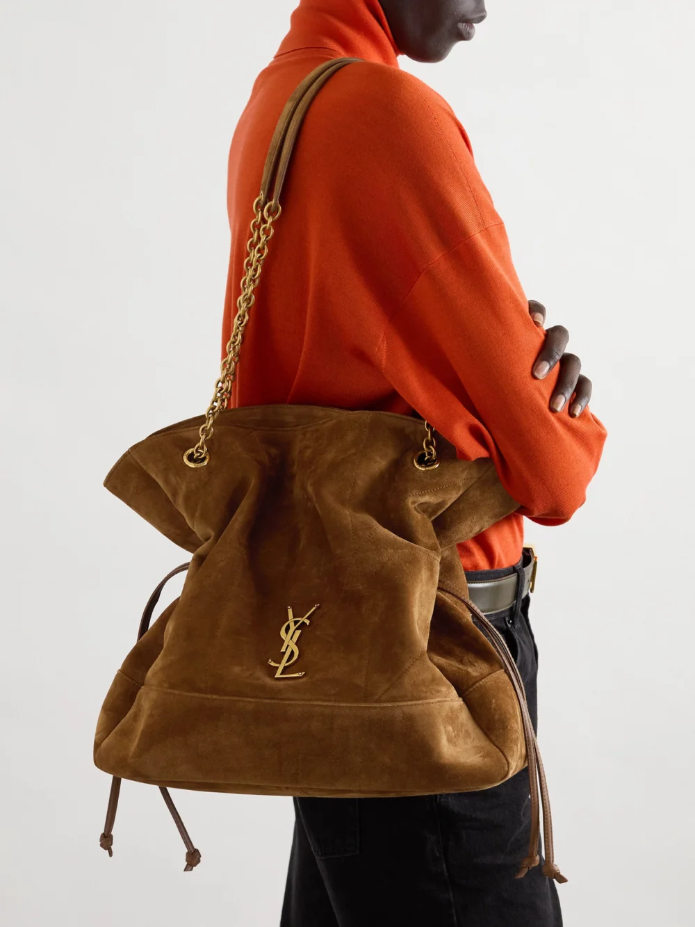 Saint Laurent Jamie Shopping Quilted Suede Shoulder Bag, styled view