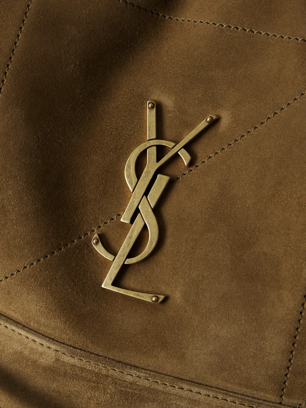 Close-up detail of the Saint Laurent Jamie Shopping Quilted Suede Shoulder Bag