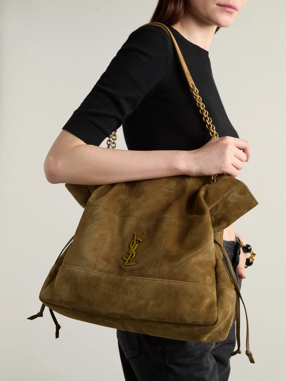Saint Laurent Jamie Shopping Quilted Suede Shoulder Bag, styled view