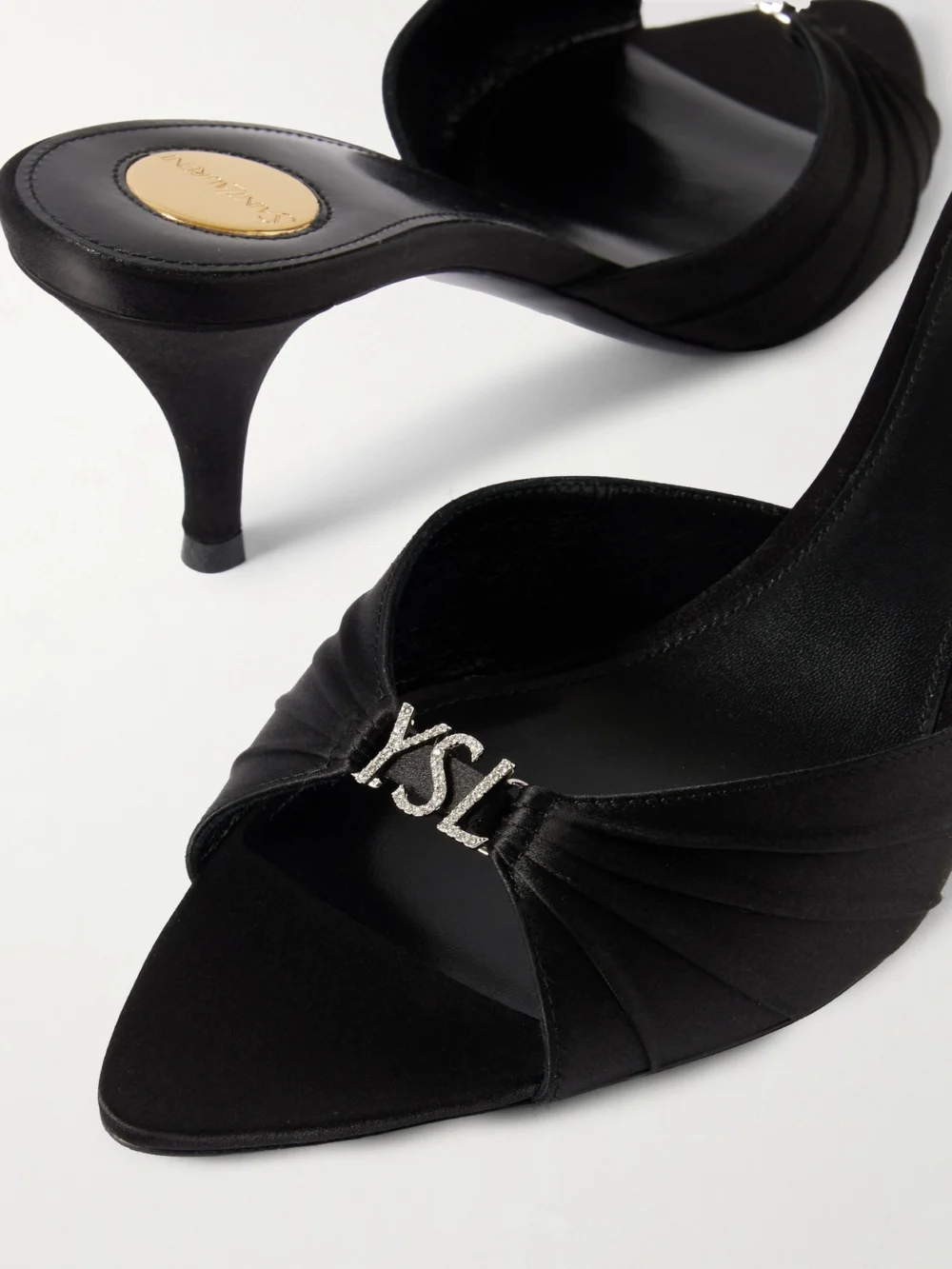 Close-up detail of the Saint Laurent Jerry 60 Embellished Satin Mules